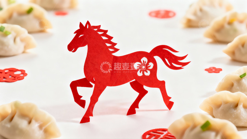 高清大图下载【趣麦麦图】剪纸马与饺子的节日装饰
