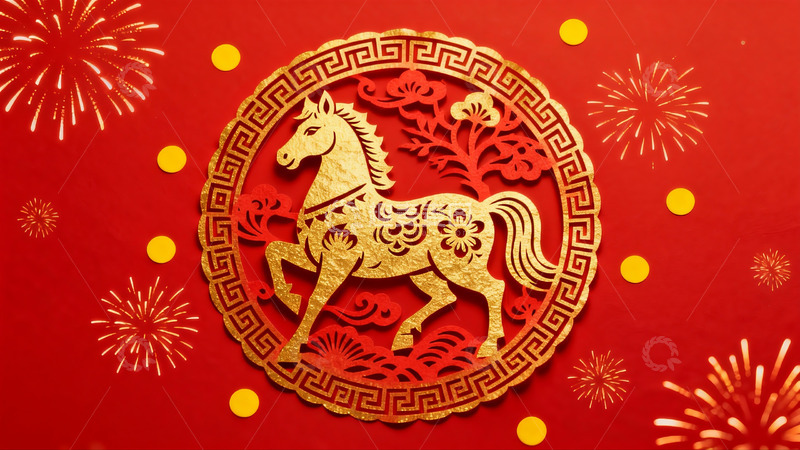 高清大图下载【趣麦麦图】红色背景上的金色剪纸马