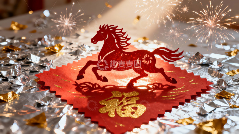 高清大图下载【趣麦麦图】春节剪纸马与烟花装饰