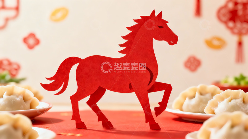 高清大图下载【趣麦麦图】红色剪纸马与饺子摆盘
