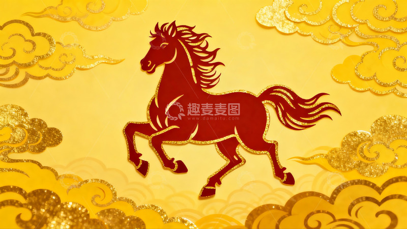 高清大图下载【趣麦麦图】红色骏马剪纸艺术云纹背景