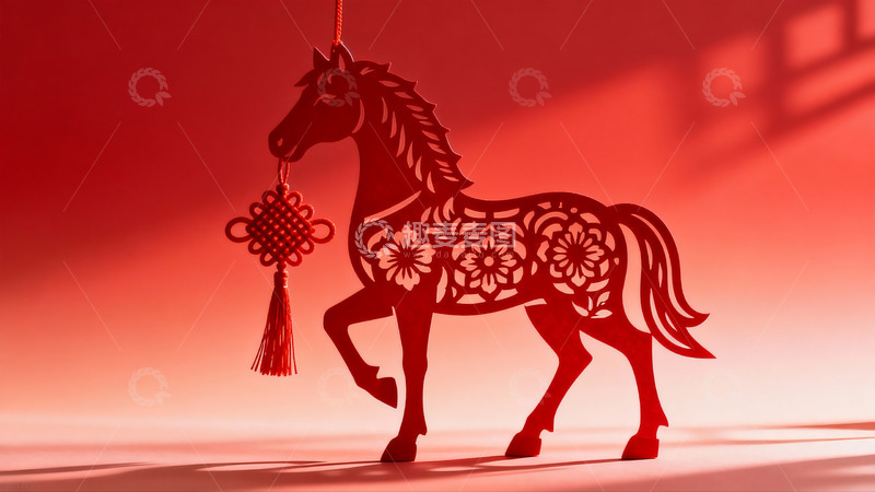 高清大图下载【趣麦麦图】红色剪纸马挂饰光影艺术