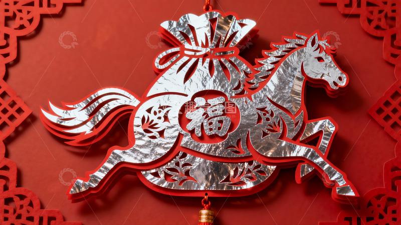 高清大图下载【趣麦麦图】红色背景上的银色骏马剪纸挂饰