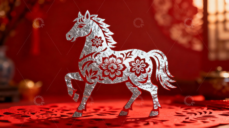 高清大图下载【趣麦麦图】红色背景上的银色剪纸马