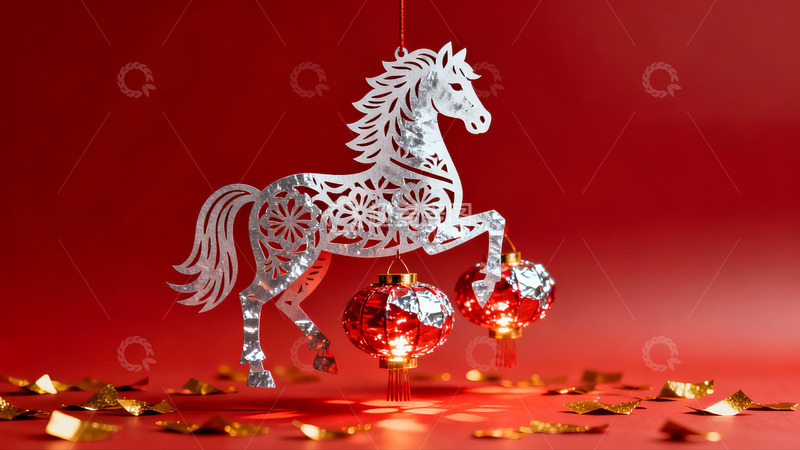 高清大图下载【趣麦麦图】红色背景上的银色马形挂饰与红灯笼
