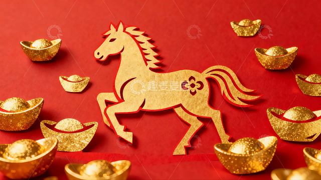 红色背景上的金色马剪纸与元宝