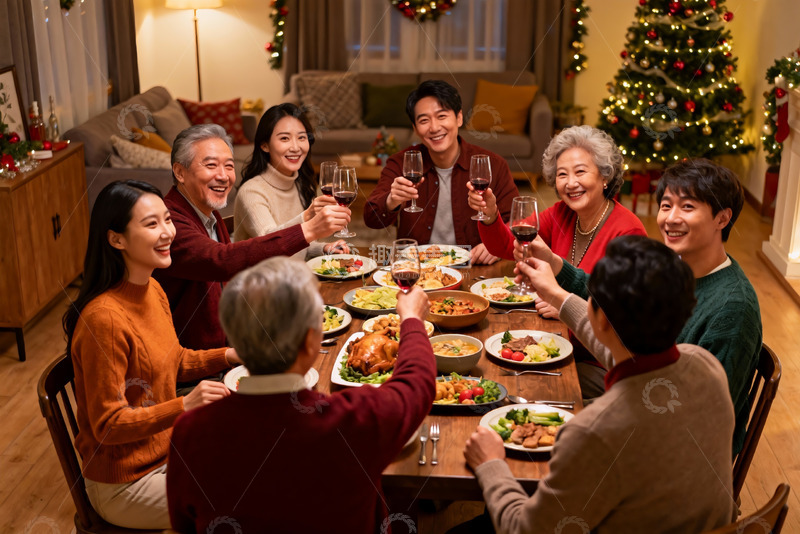 高清大图下载【趣麦麦图】圣诞家庭聚餐举杯欢庆