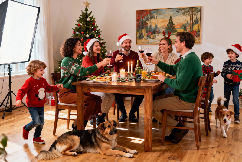 高清大图下载【趣麦麦图】圣诞家庭聚餐温馨场景