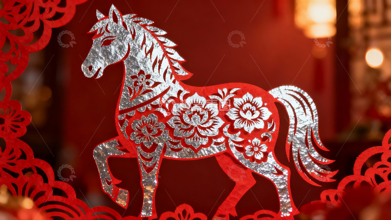 高清大图下载【趣麦麦图】红色剪纸马图案节日装饰