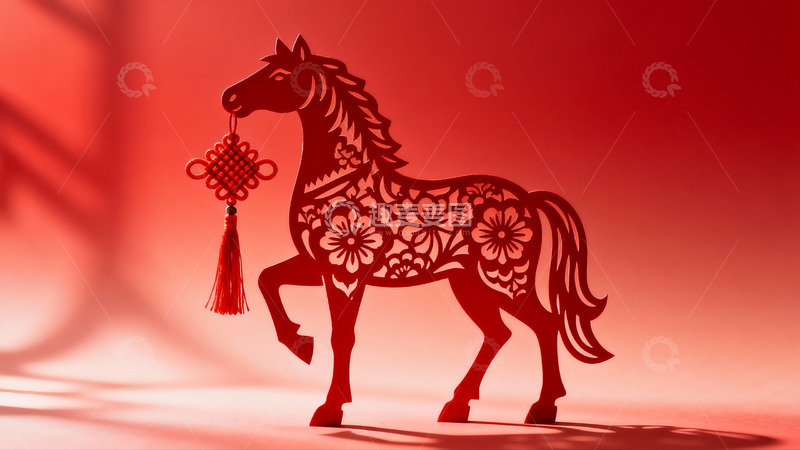 高清大图下载【趣麦麦图】红色剪纸马挂中国结