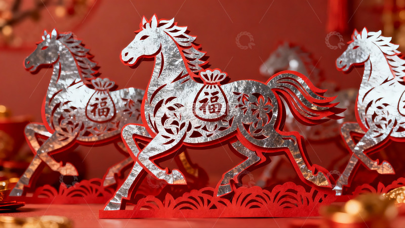 高清大图下载【趣麦麦图】红色背景上的银色骏马剪纸艺术