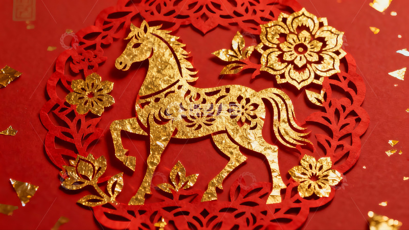 高清大图下载【趣麦麦图】红色背景上的金色剪纸马