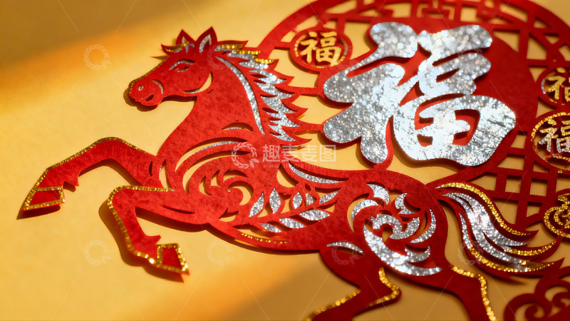 高清大图下载【趣麦麦图】红色剪纸马与福字图案