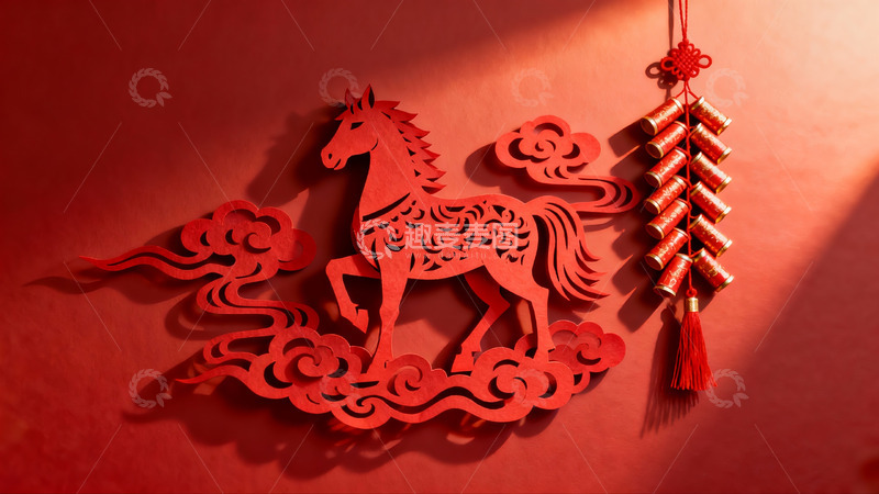 高清大图下载【趣麦麦图】红色剪纸马与鞭炮装饰