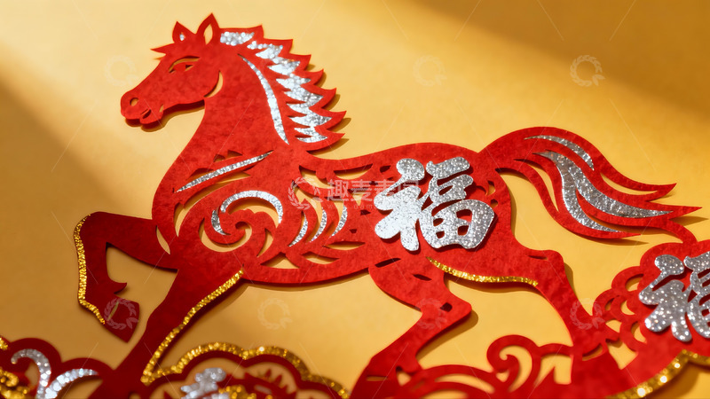 高清大图下载【趣麦麦图】红色剪纸马与福字装饰