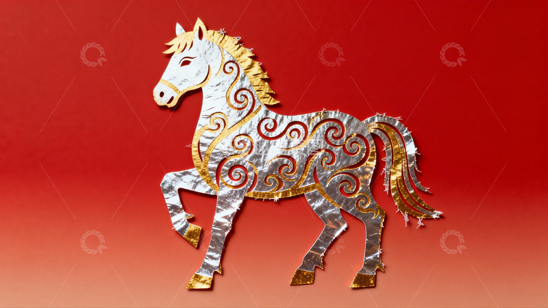 高清大图下载【趣麦麦图】红色背景上的银金马剪纸艺术