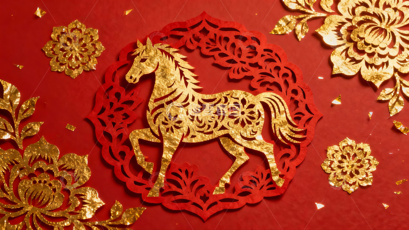 高清大图下载【趣麦麦图】红色背景上的金色剪纸马