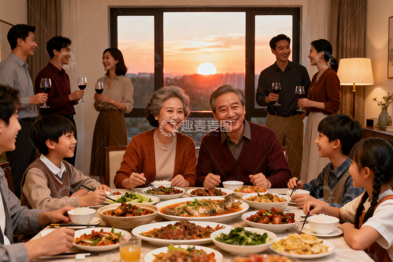高清大图下载【趣麦麦图】三代同堂家庭聚餐温馨时刻