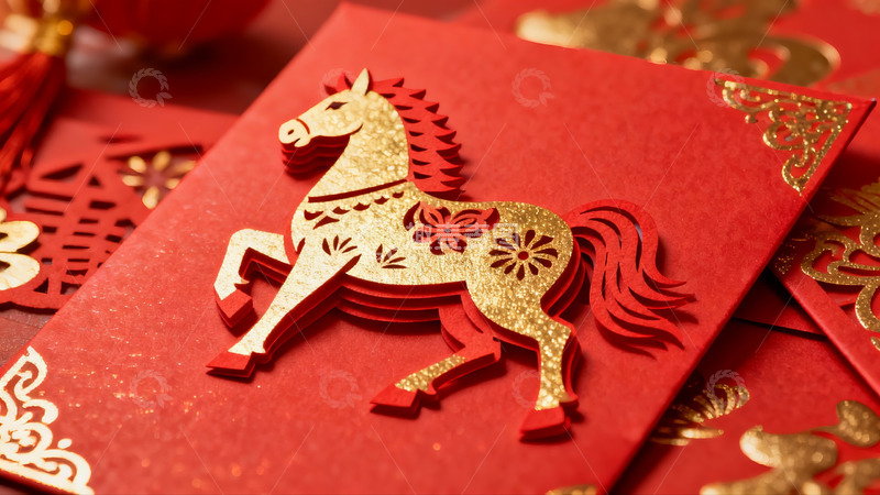 高清大图下载【趣麦麦图】红色红包上的金色马剪纸图案