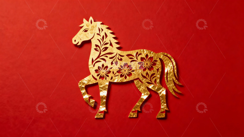 高清大图下载【趣麦麦图】金色剪纸马迎新年