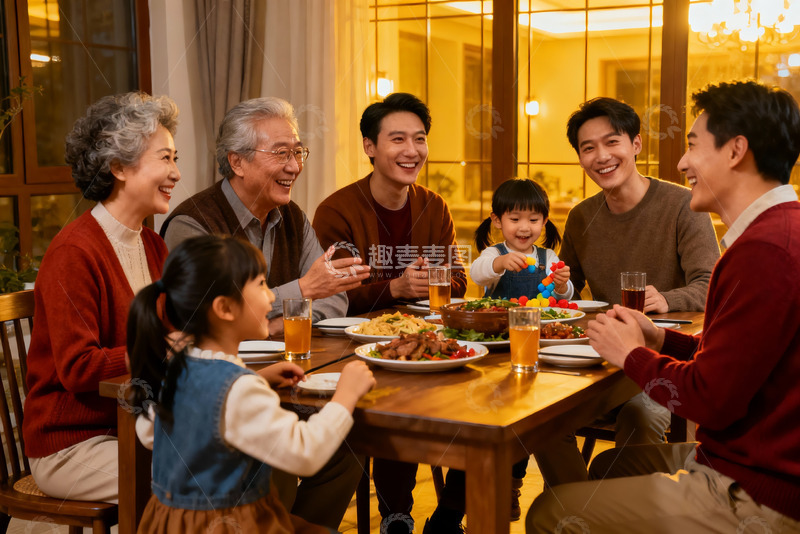 高清大图下载【趣麦麦图】三代同堂家庭聚餐温馨场景