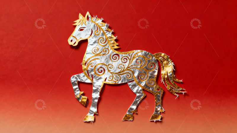 高清大图下载【趣麦麦图】红色背景上的银金马剪纸艺术