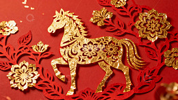 金色剪纸马与红色花卉装饰