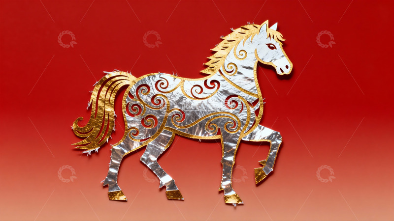 高清大图下载【趣麦麦图】红色背景上的金属质感马形剪纸
