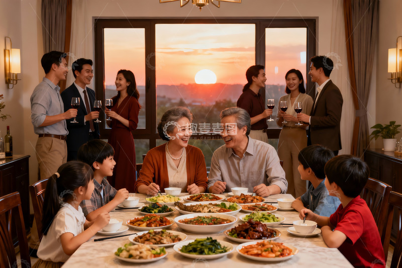 高清大图下载【趣麦麦图】家庭聚餐夕阳西下温馨场景