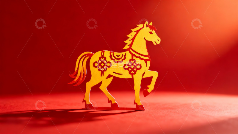 高清大图下载【趣麦麦图】红色背景上的金色剪纸马