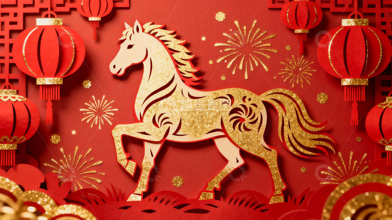 高清大图下载【趣麦麦图】红色背景金色马剪纸艺术
