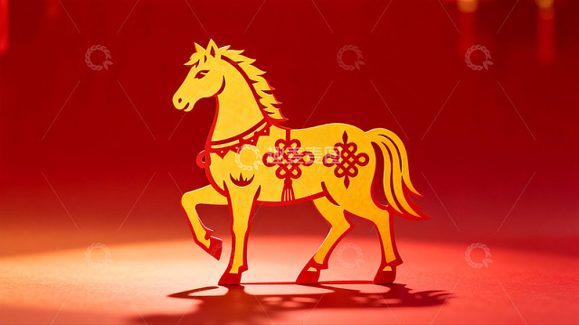 红色背景上的金色剪纸马