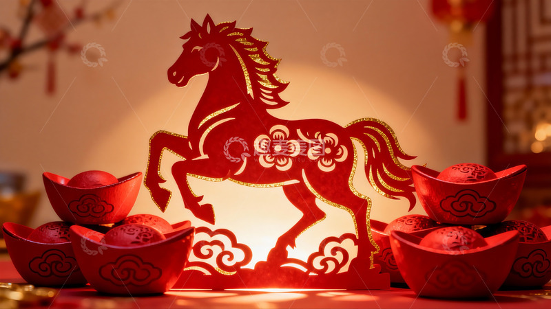 高清大图下载【趣麦麦图】红色剪纸马与元宝摆件