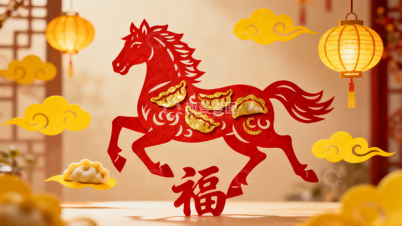 高清大图下载【趣麦麦图】春节剪纸马与灯笼装饰