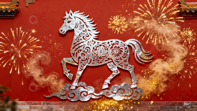 高清大图下载【趣麦麦图】烟花映衬下的银色马形剪纸