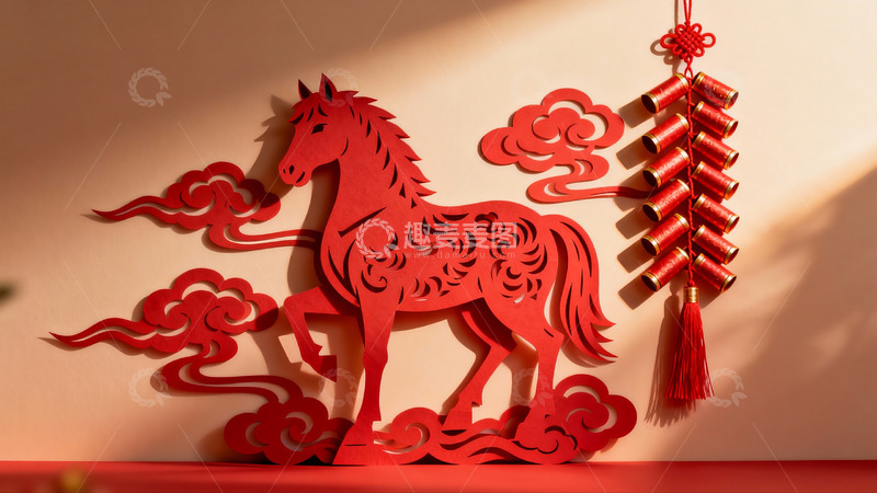 高清大图下载【趣麦麦图】红色剪纸马与鞭炮装饰