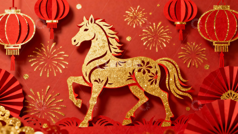 高清大图下载【趣麦麦图】红色背景金色马剪纸艺术