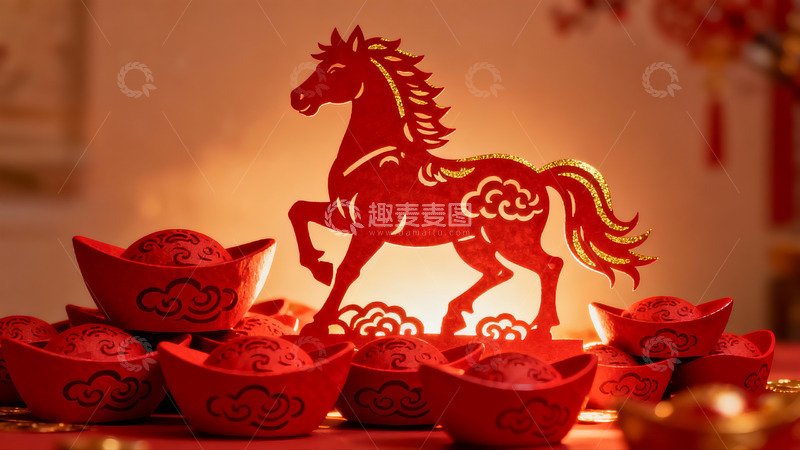 高清大图下载【趣麦麦图】红色剪纸马与元宝摆件