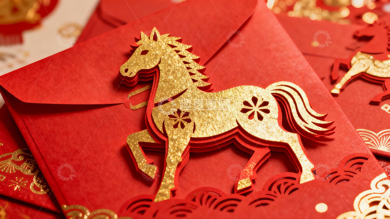 高清大图下载【趣麦麦图】红色红包上的金色马剪纸