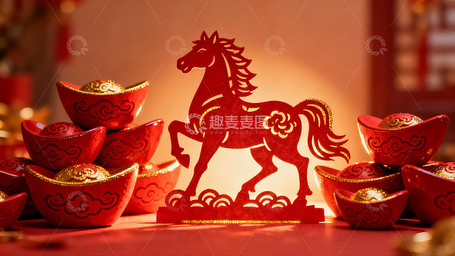 红色剪纸马与金元宝摆件