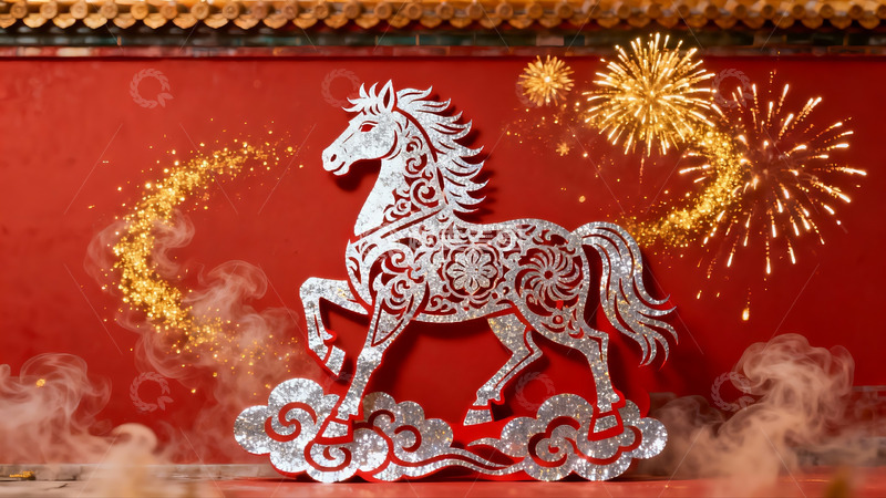 高清大图下载【趣麦麦图】红色背景上的银色马形剪纸