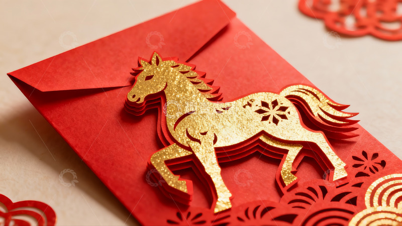 高清大图下载【趣麦麦图】红色红包上的金色马剪纸艺术