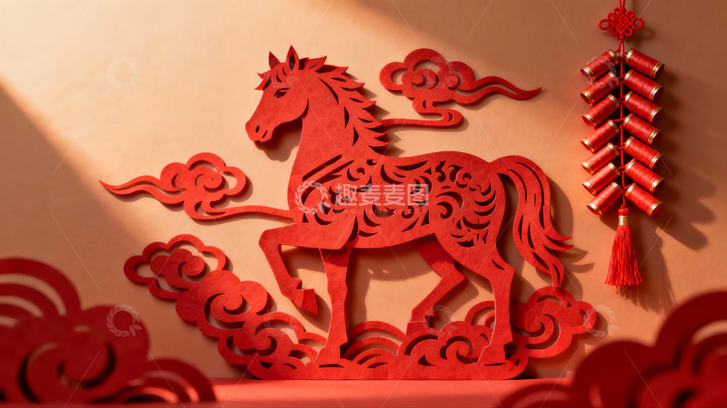 高清大图下载【趣麦麦图】红色剪纸马与鞭炮装饰