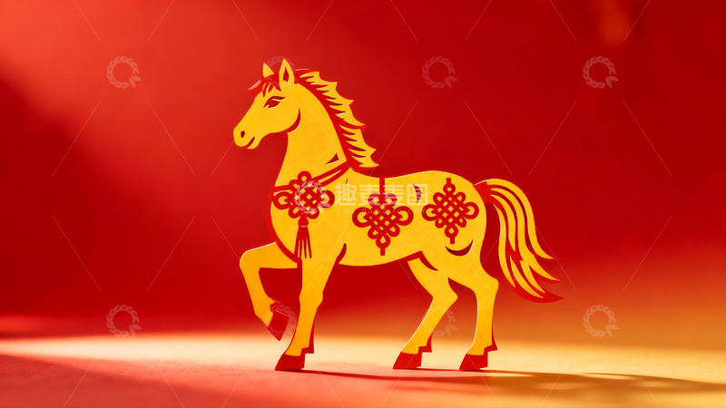 高清大图下载【趣麦麦图】红色背景上的金色剪纸马