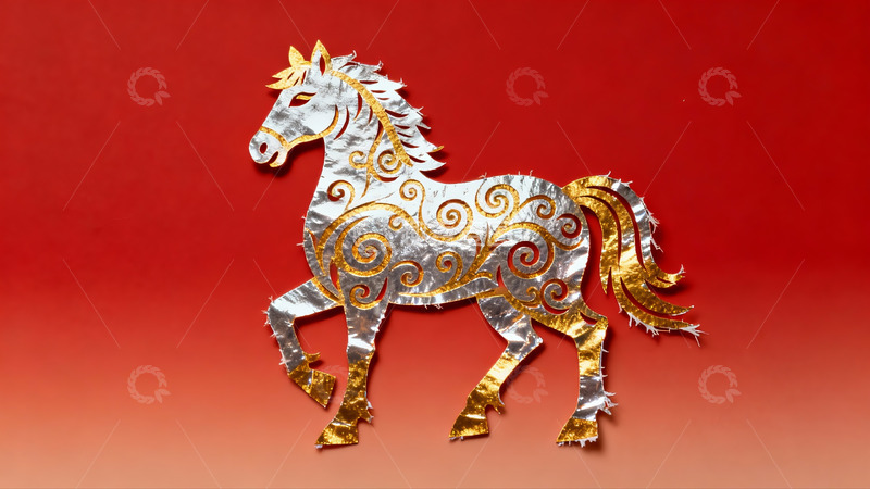 高清大图下载【趣麦麦图】红底银金马形剪纸艺术