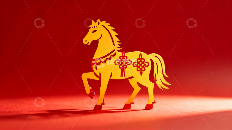 高清大图下载【趣麦麦图】红色背景上的金色剪纸马