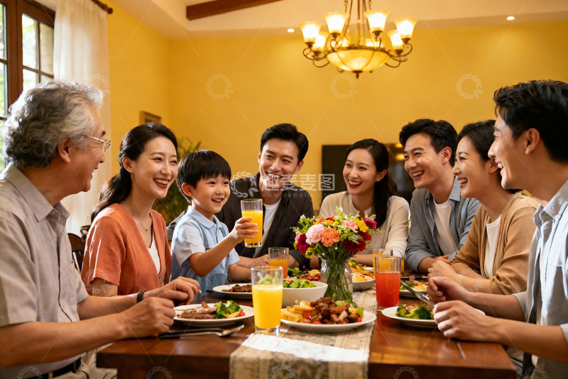 高清大图下载【趣麦麦图】三代同堂家庭聚餐温馨场景