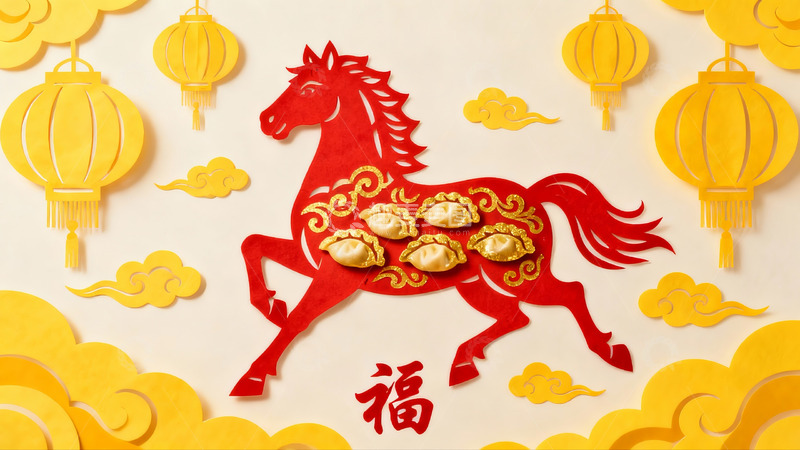 高清大图下载【趣麦麦图】春节剪纸艺术展示骏马与灯笼