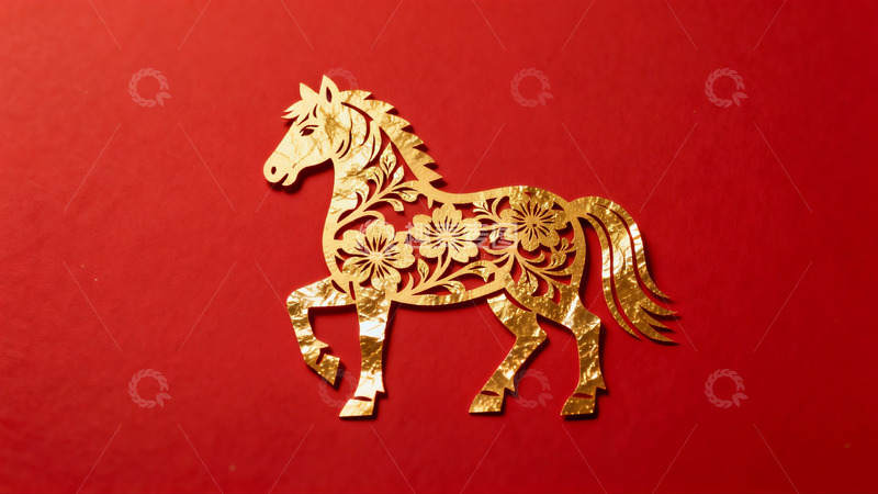 高清大图下载【趣麦麦图】红色背景上的金色马形剪纸