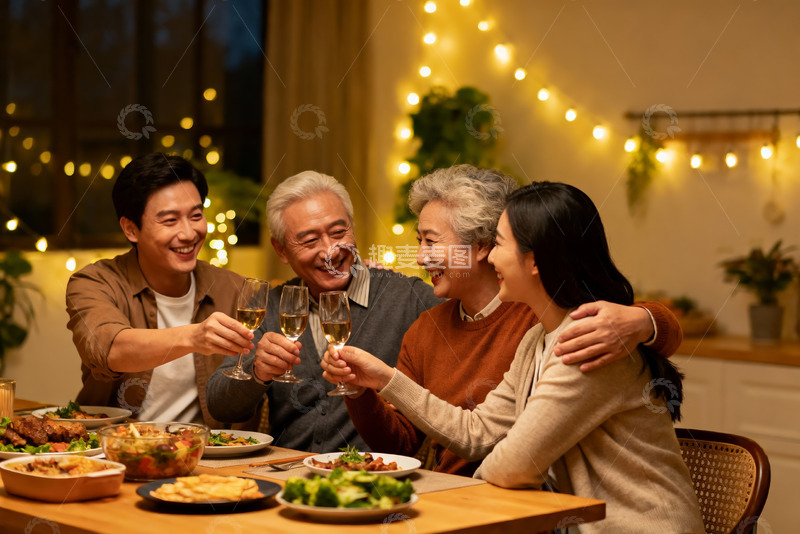 高清大图下载【趣麦麦图】温馨家庭聚餐举杯欢庆
